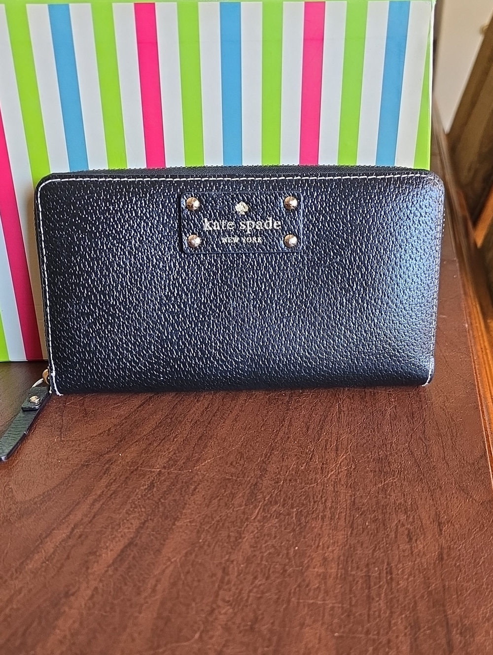 kate spade Black Pebbled Leather Zip Around Wallet with Gold Studs